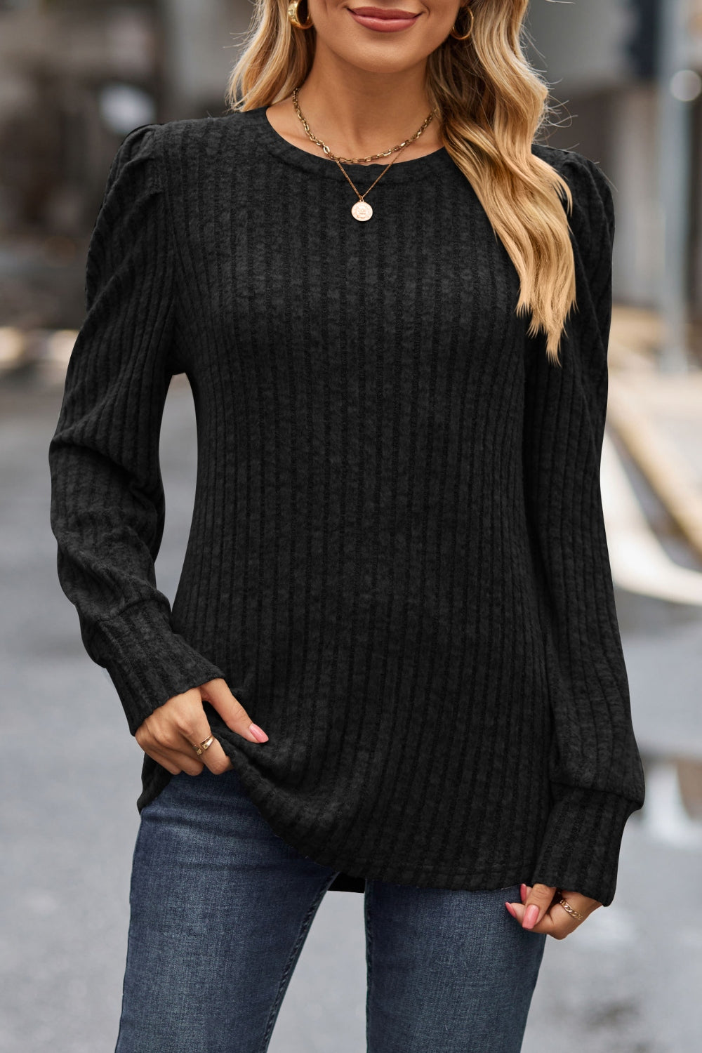 Lovelet Ribbed Round Neck Long Sleeve Knit Top