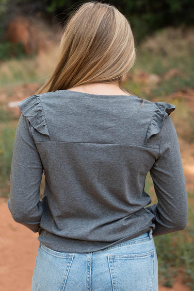 Dark Grey Solid Color Ruffled Crew Neck Long Sleeve Top