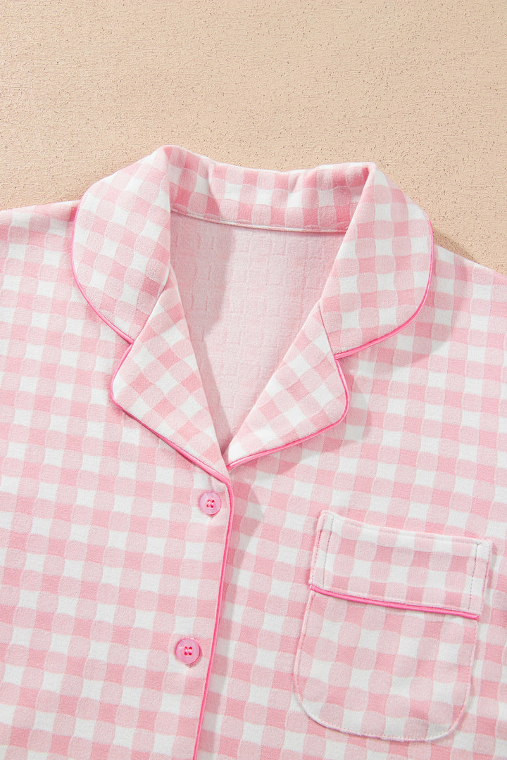 Pink Gingham Long Sleeve Lapel Shirt 2pcs Pajama Pant Set
