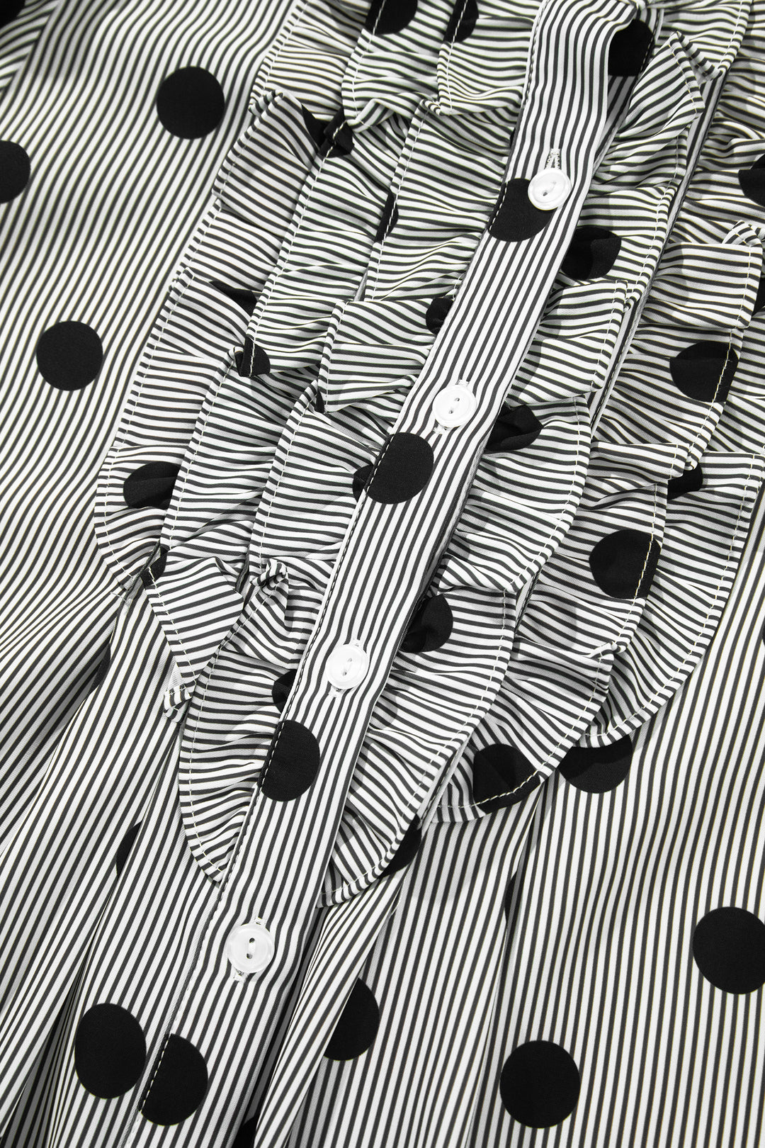 Black white Polka Dot Striped Print Ruffle Stand Neck 3/4 Sleeve Shift Shirt