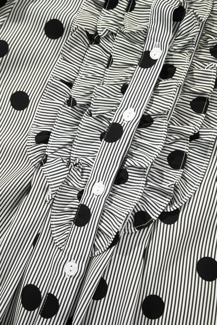 Black white Polka Dot Striped Print Ruffle Stand Neck 3/4 Sleeve Shift Shirt