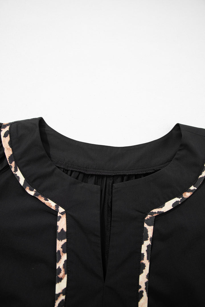 Black Plus Size Split Neck Leopard Trim Flounced Long Sleeve Blouse