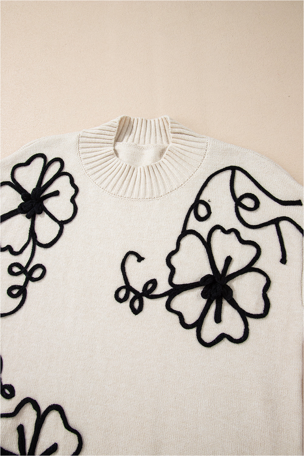 Beige Flower Stitching Mock Neck Sweater