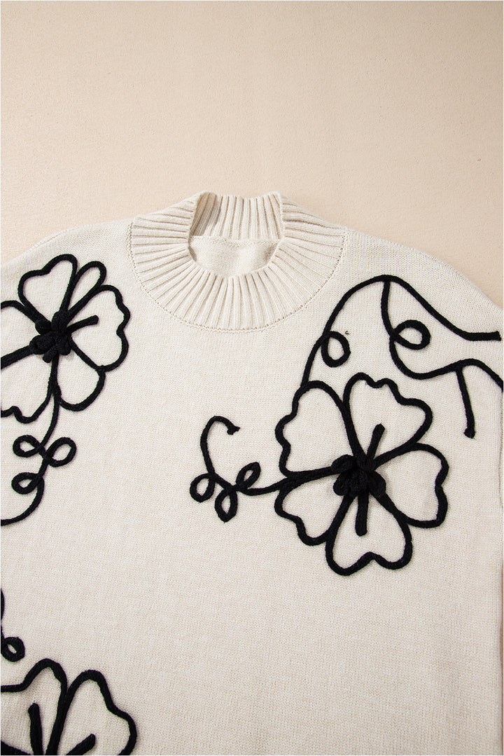 Beige Flower Stitching Mock Neck Sweater