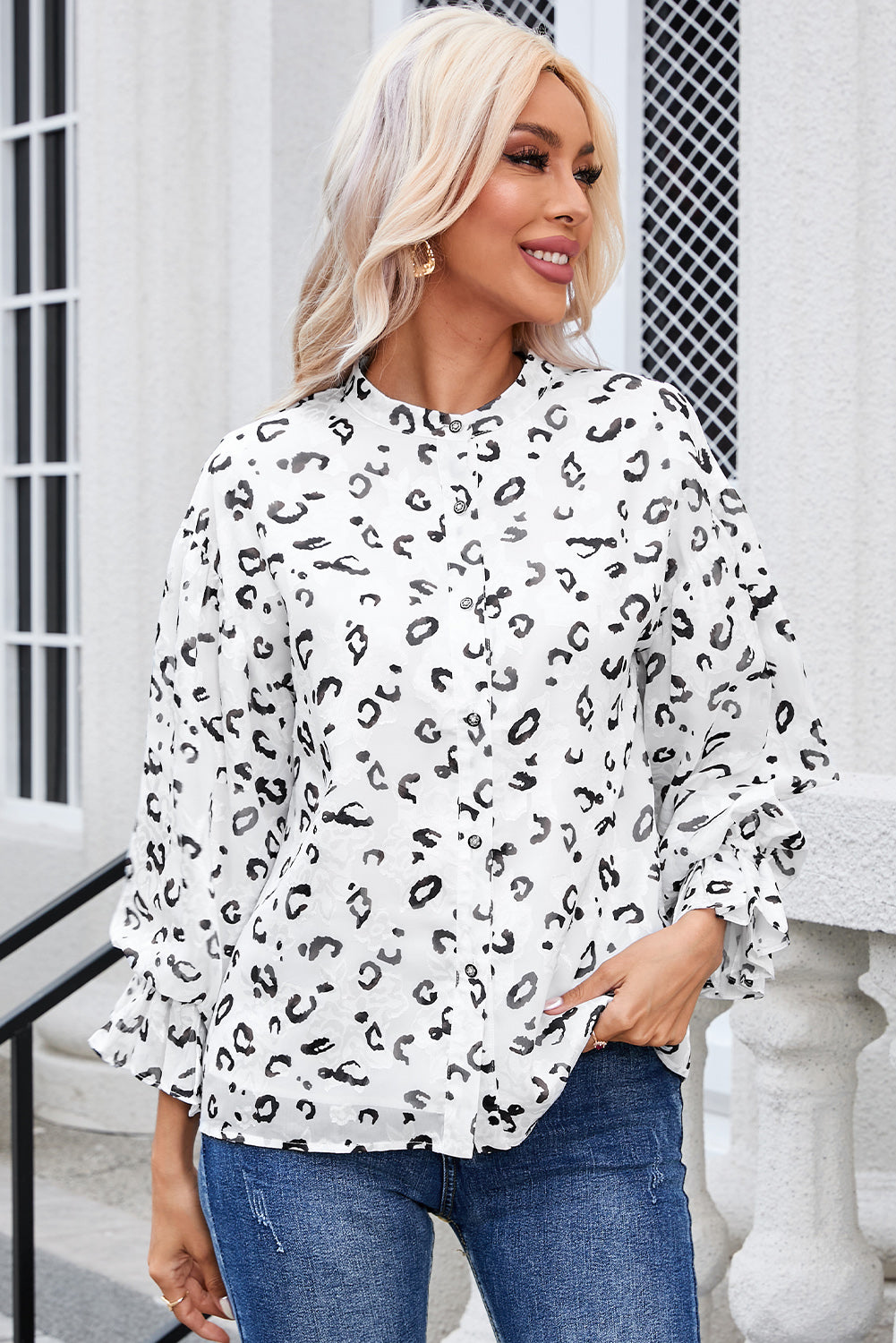 White Leopard Print Button up Ruffled Sleeve Shirt