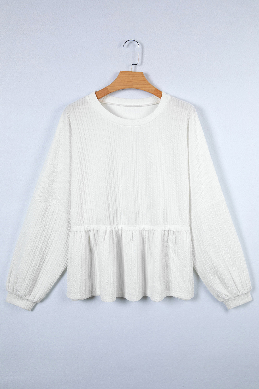 White Solid Color Textured Drop Shoulder Long Sleeve Peplum Top