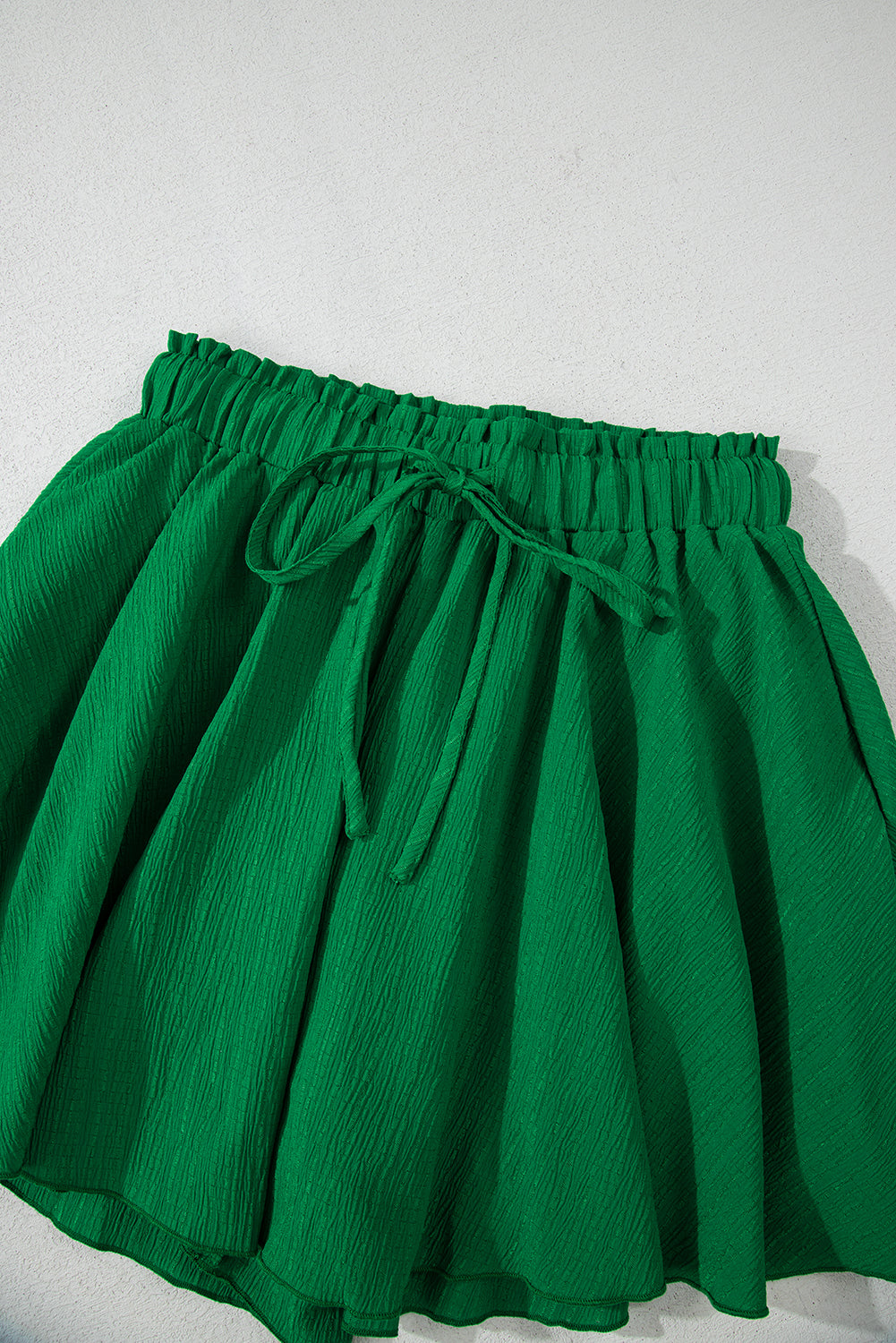 Dark Green Textured Frilled Lace-up High Waist Ruffle Wide Leg Shorts