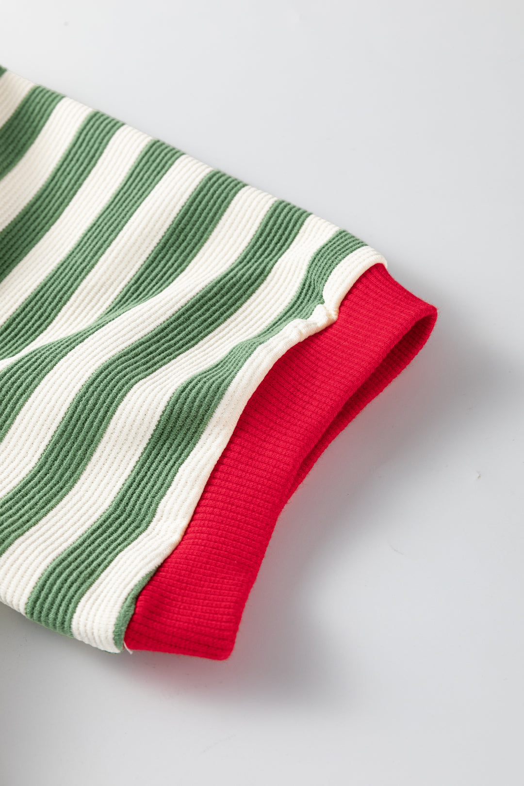 Green Stripe Short Puff Sleeve Contrast Trim Round Neck Tee