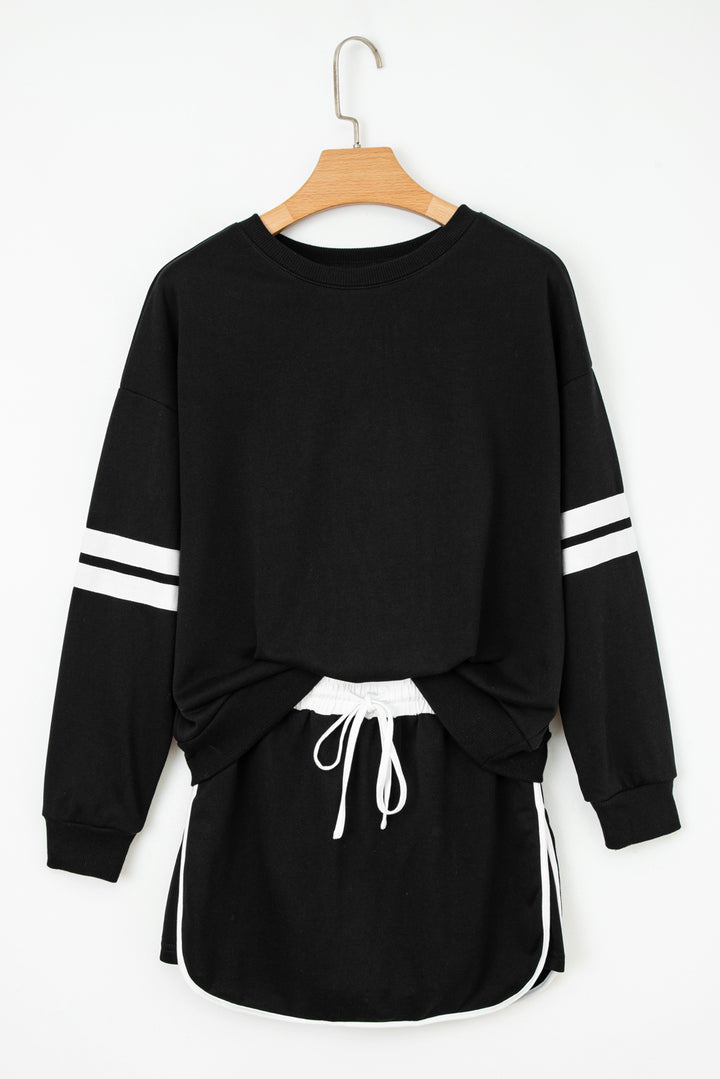Orange Varsity Stripe Detail Drop Shoulder Pullover Mini Skirt Set