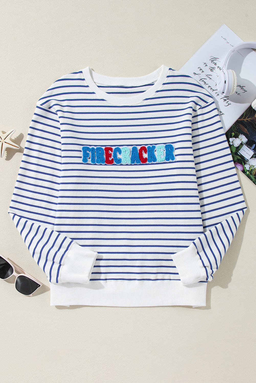 Blue Stripe Chenille FIRECRACKER Embroidered Sweatshirt