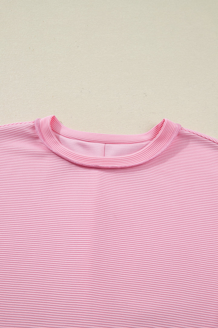 Pink Horizontal Ribbed Exposed Seam Detail Drop Shoulder Baggy Pullover