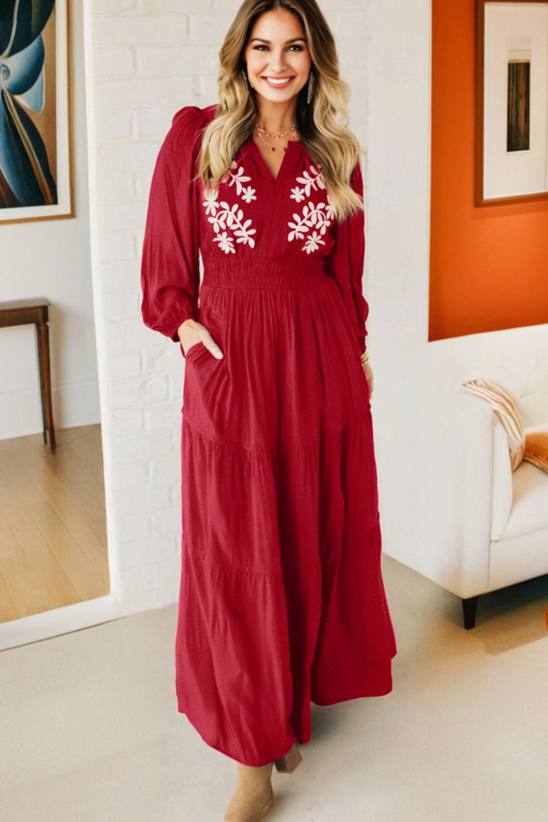 Racing Red Contrast Embroidered Detail Cinched Waist Tiered Long Sleeve Maxi Dress