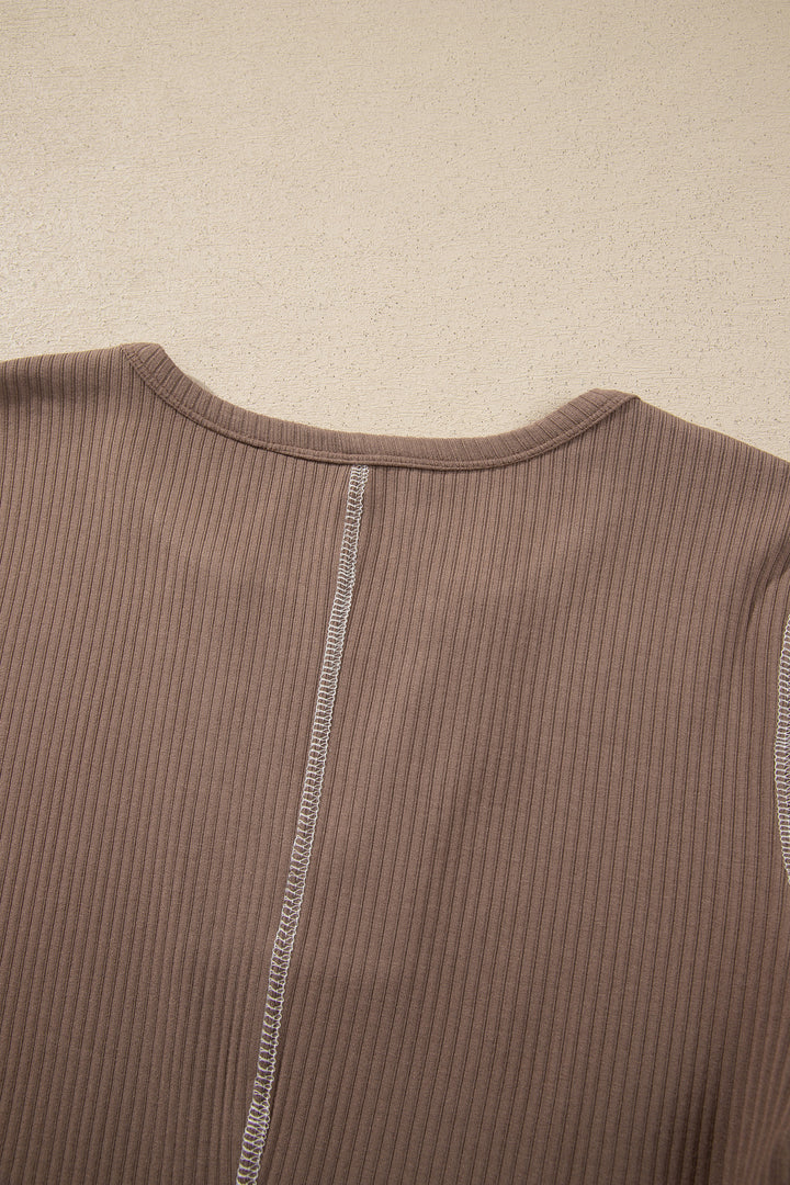 Dark Khaki V Neck Ribbed Stitched Detail Long Sleeve Top