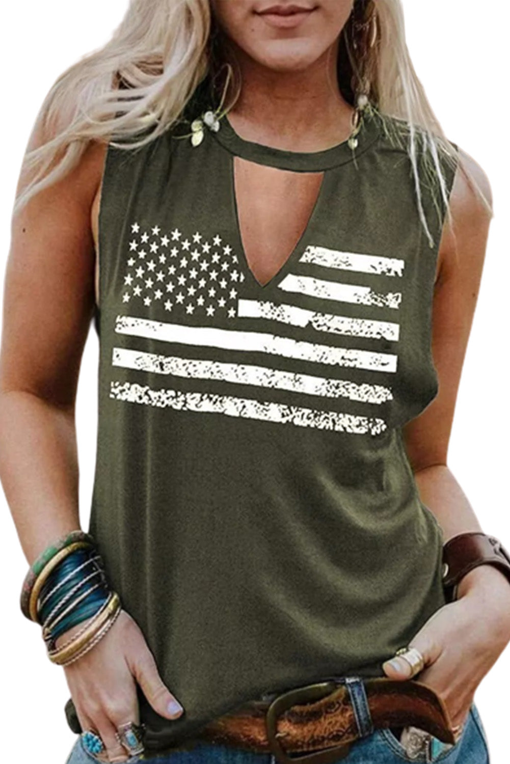 Green Cutout American Flag Print Tank Top