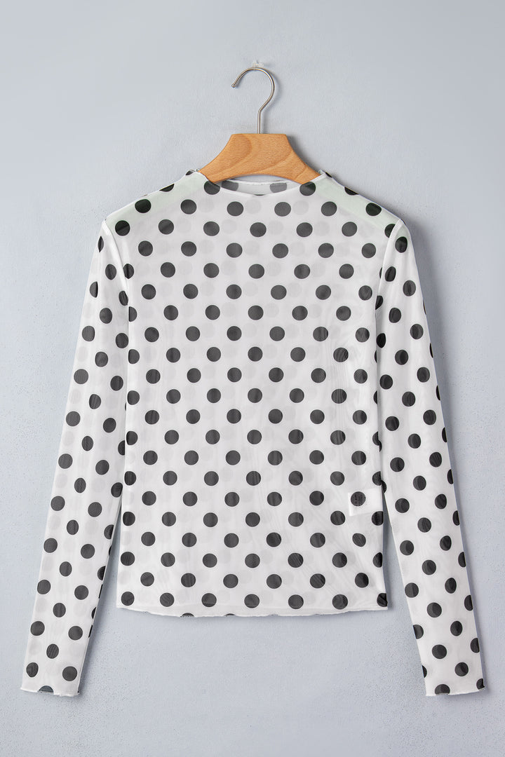White Polka Dot Sheer Long Sleeve Round Neck Slim Top