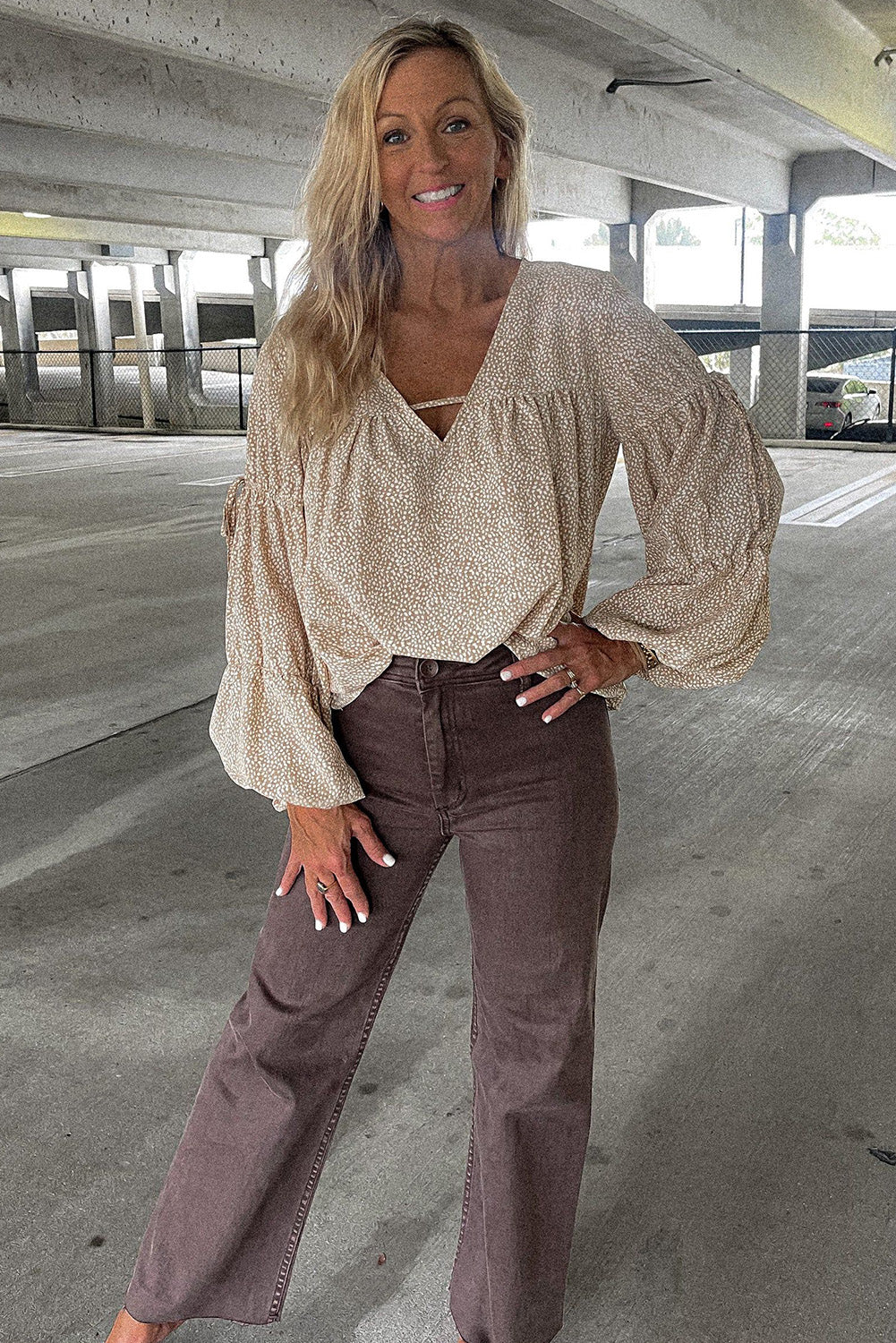 Khaki V Neck Bow Tie Bubble Sleeve Blouse