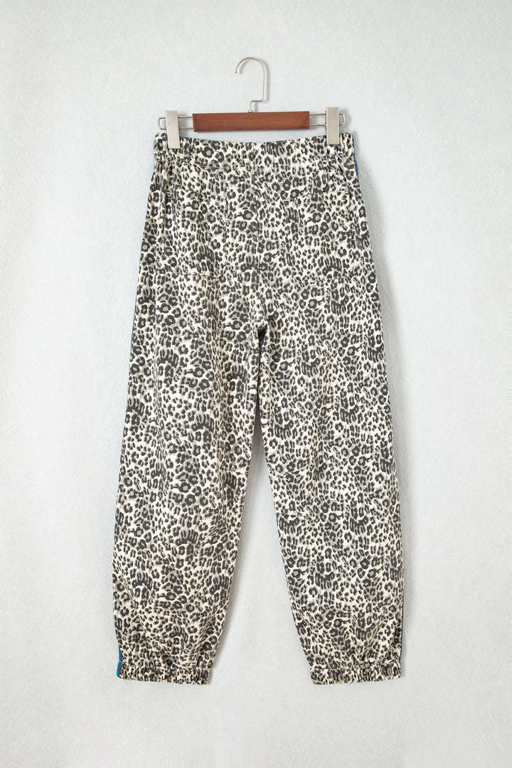 Brown Leopard Print Rainbow Striped Detail Buttoned Loose Jogger Jeans