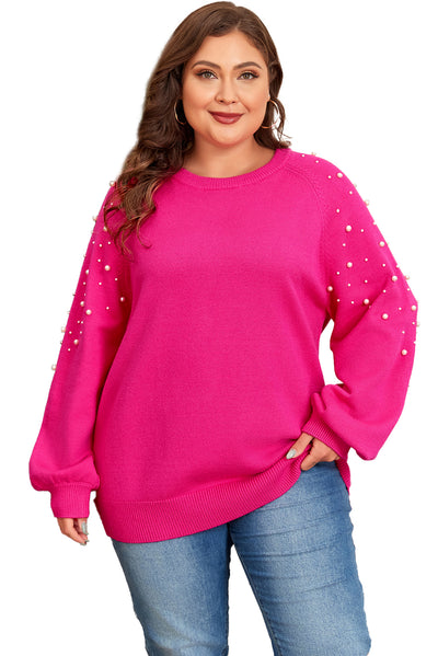 Strawberry Pink Pearled Decor Raglan Sleeve Plus Size Sweater