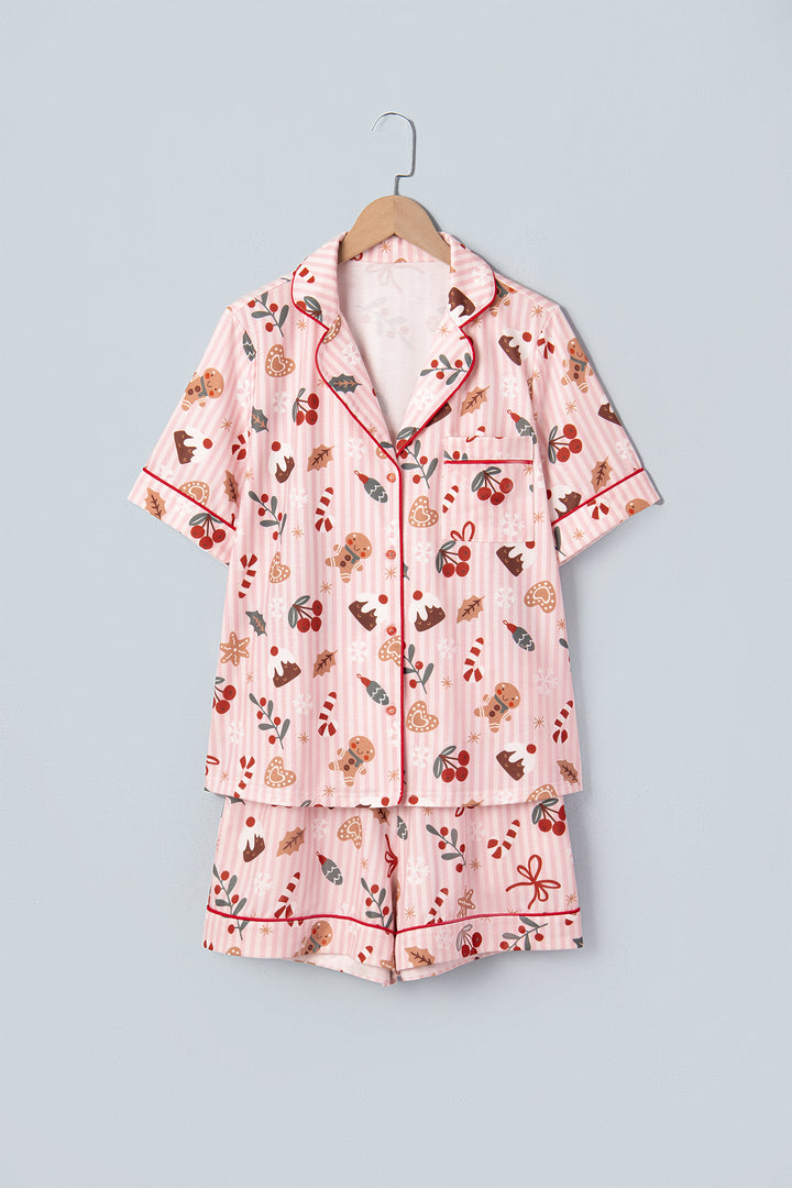 Pink Abstract Christmas Print Short Sleeve Two Piece Lounge Set