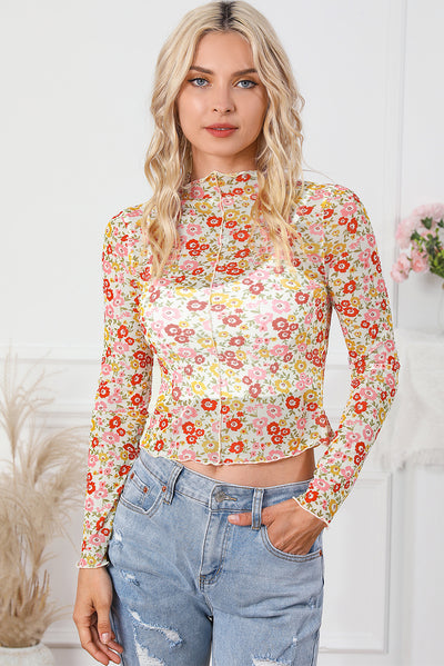 Multicolor Floral Lettuce Hem Long Sleeve Top