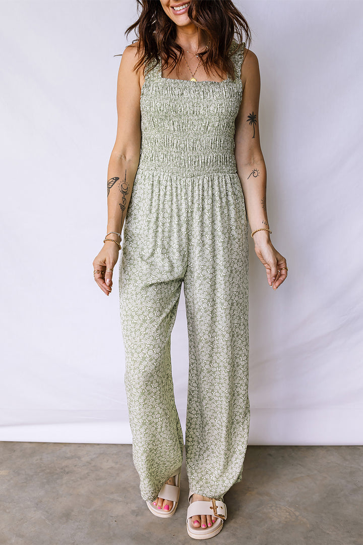 Green Smocked Bodice Square Neck Sleeveless Floral Jumpsuit