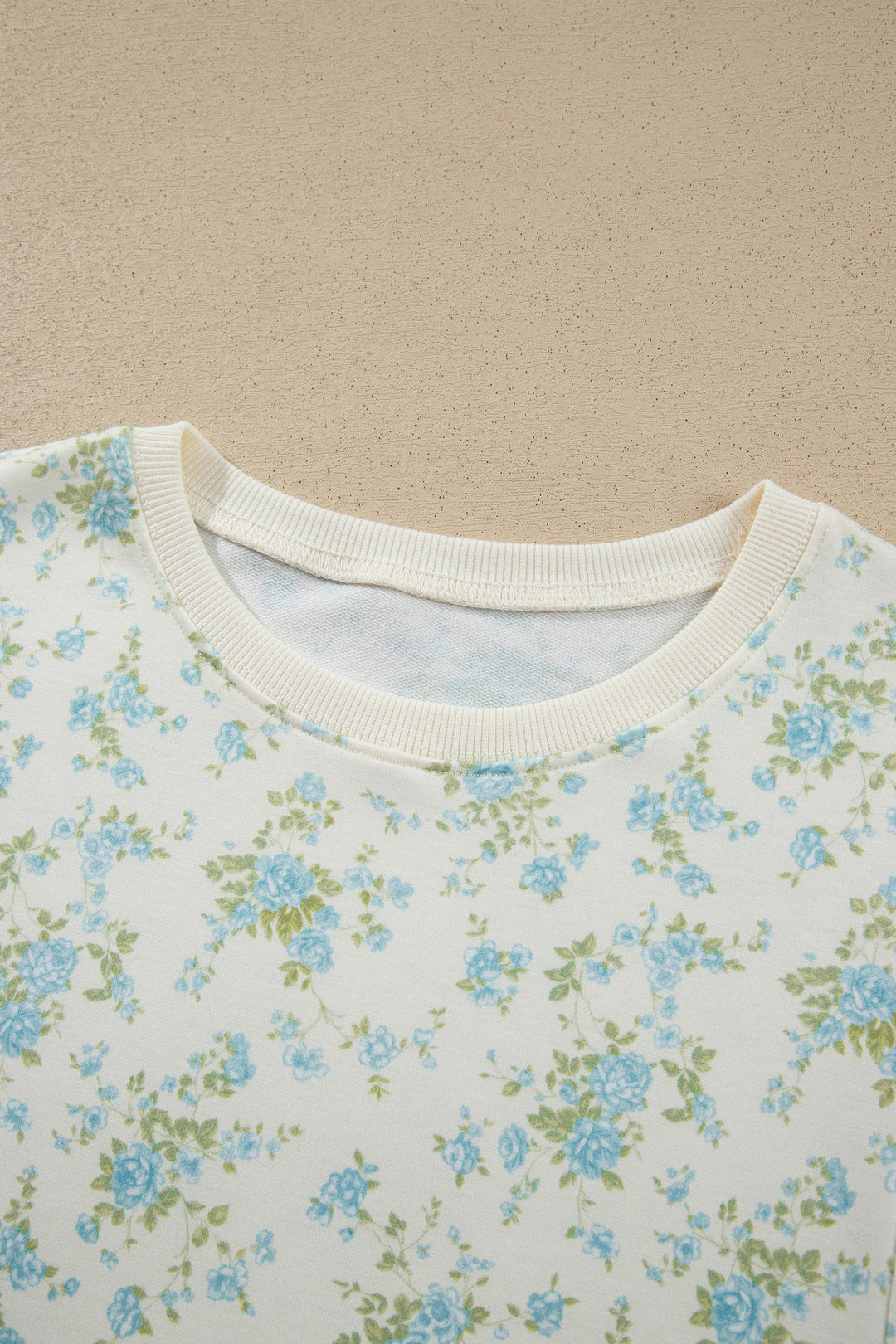 Sky Blue Floral Print Short Sleeve Elastic Waist Pocket Casual Two Piece Short Sets