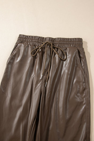 Brown Leather Tie Waist Jogger Pants