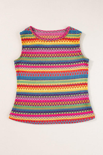 Flat lay of yellow ethnic wavy pattern sleeveless top