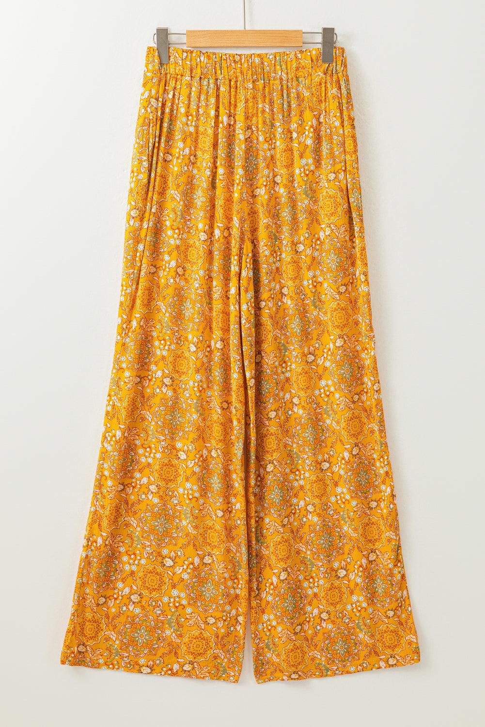 Yellow Bohemian Floral Print Pocketed Wide Leg Pants