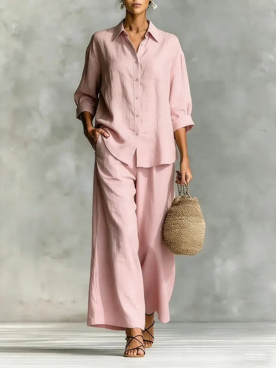 Cotton-Linen Shirt &amp; Wide-Leg Pants Suit – 6 Colors, S–5XL