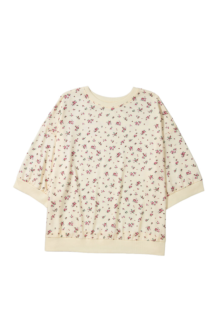 Beige Floral Print Colorblock Cuffs Hem Plus Size Blouse