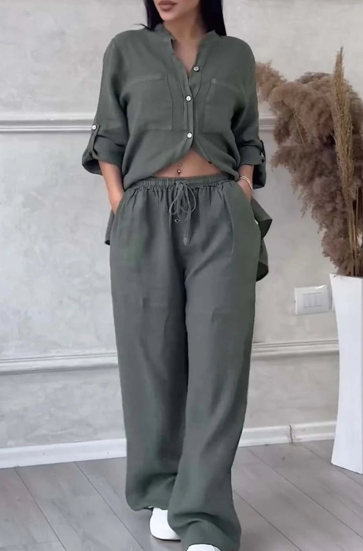 Wide-Leg Pants &amp; Lace-Up Top Two-Piece Set – Solid Color, 12 Colors S–5XL