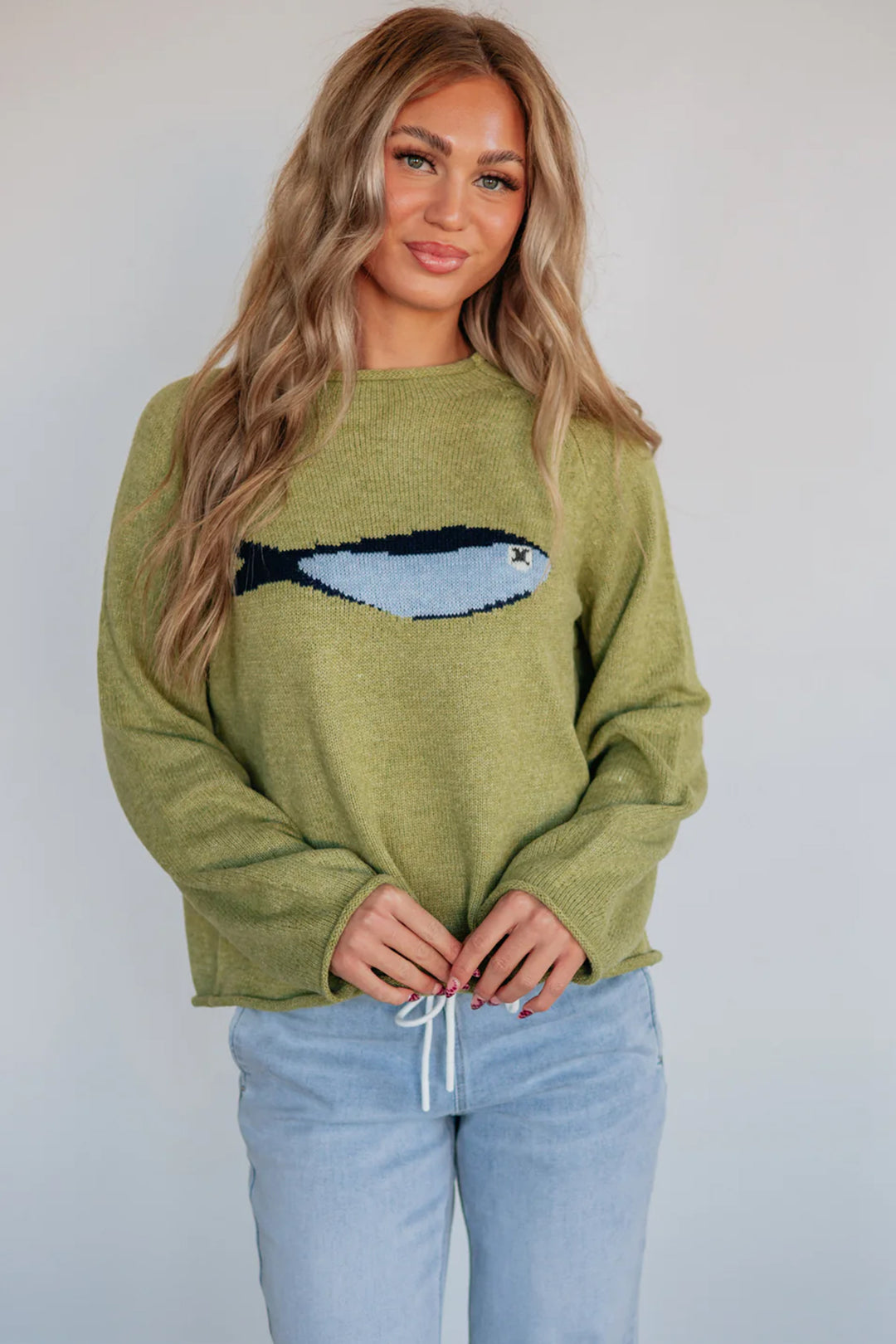 Meadow Mist Green Unique Fish Knit Oversized Round Neck Sweater
