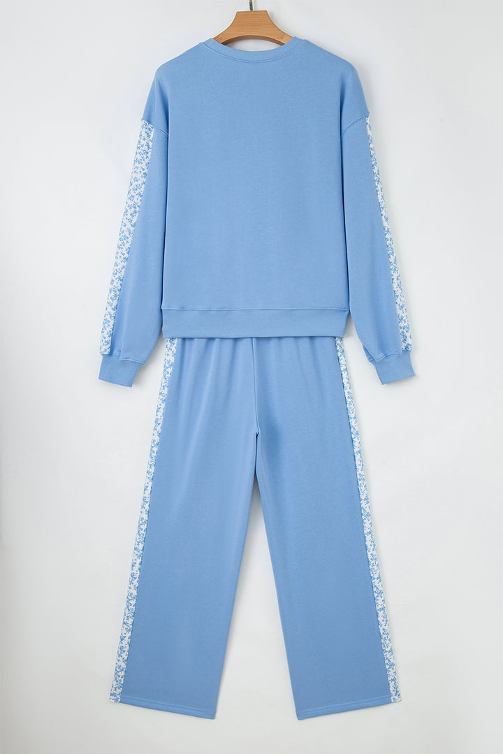 Beau Blue Floral Patchwork Drop Shoulder Pullover and Sweatpants Lounge Set