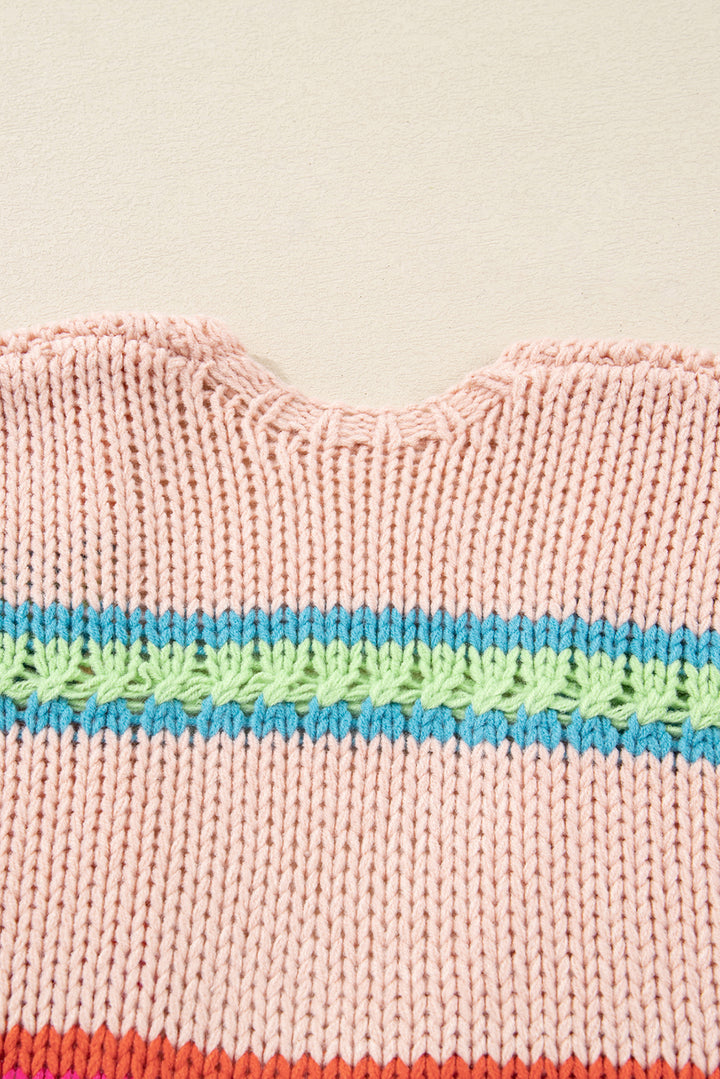 Multicolour Open Front Striped Pattern Knit Oversize Cardigan