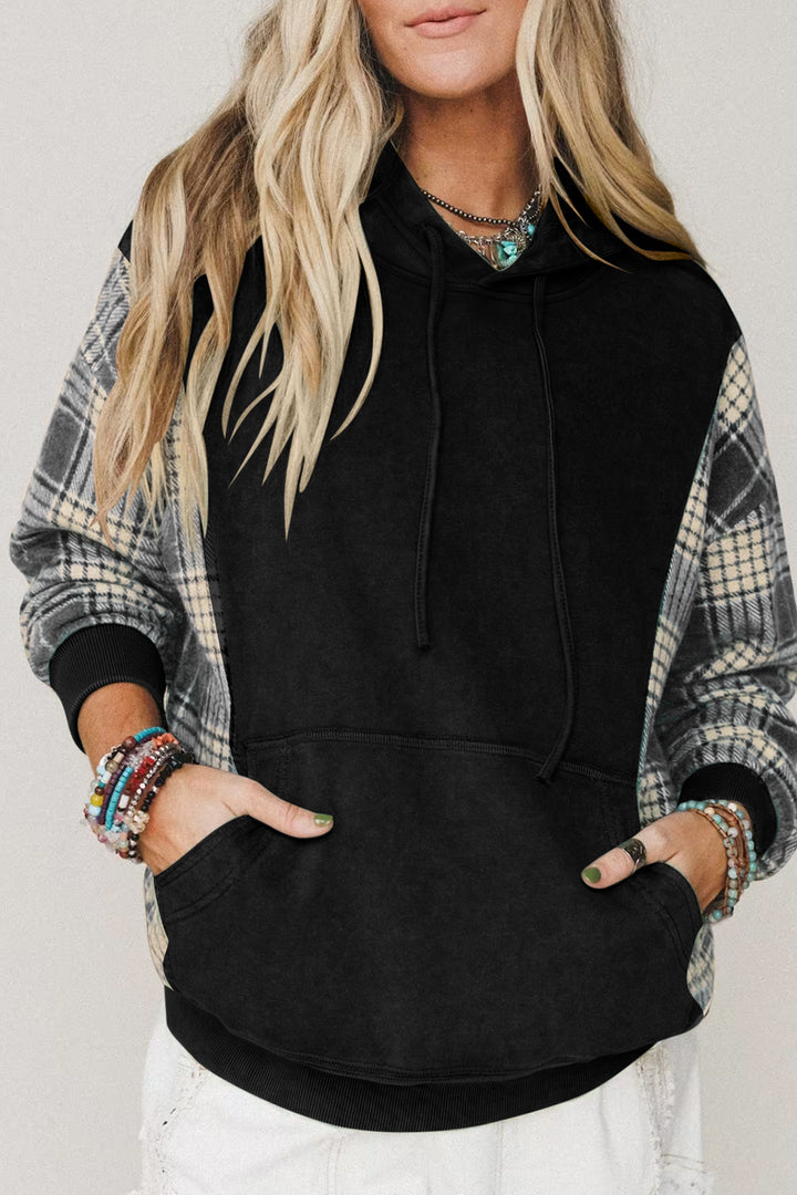 Black Plaid Sleeve Drawstring Pocket Hooded Sweatshirt