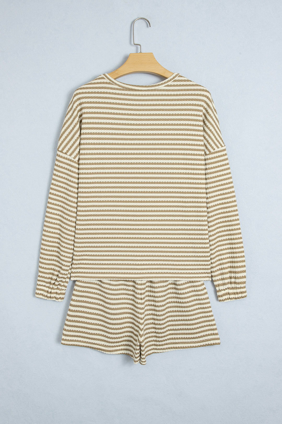 Brown Stripe Textured Knit Long Sleeve Top Elastic Waist Shorts Casual Outfit