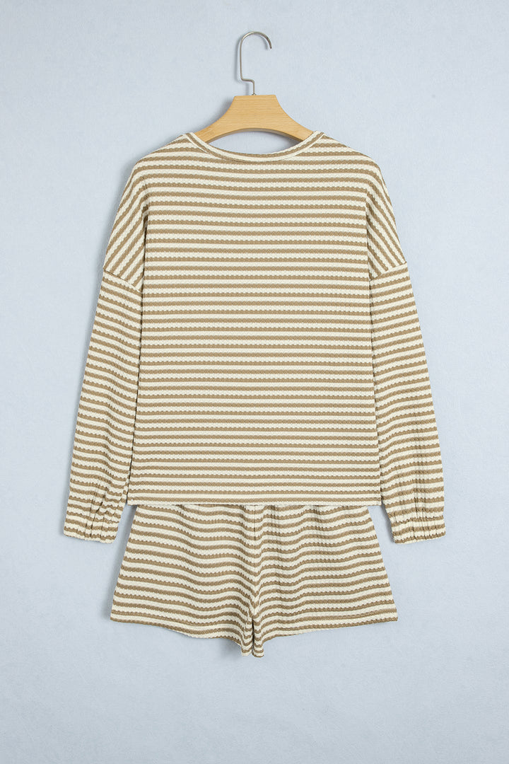 Brown Stripe Textured Knit Long Sleeve Top Elastic Waist Shorts Casual Outfit