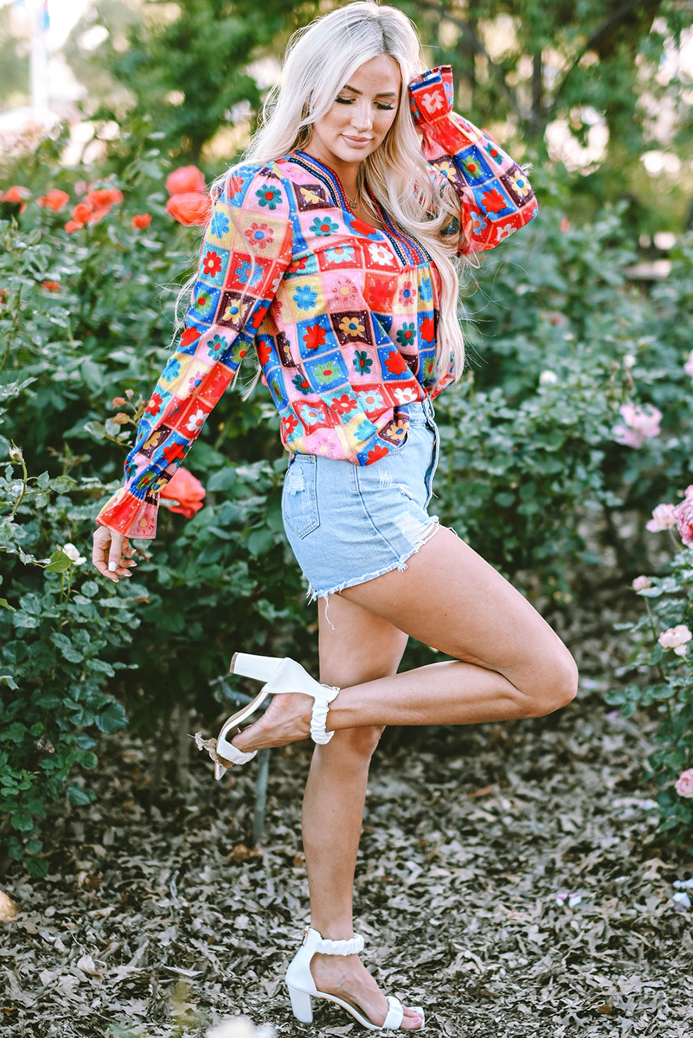 White Checkered Flower Print Bubble Sleeve Blouse