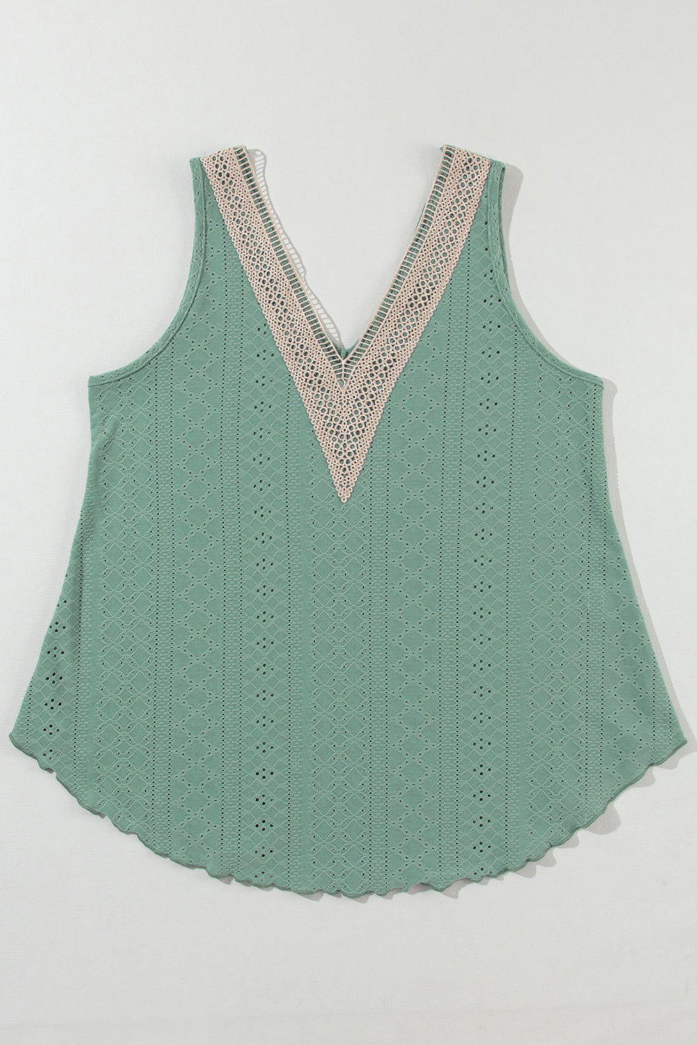 Mist Green Lace Crochet Splicing V Neck Loose Fit Tank Top