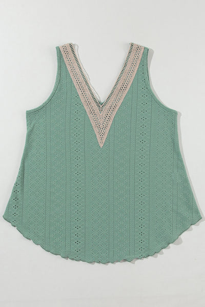 Mist Green Lace Crochet Splicing V Neck Loose Fit Tank Top