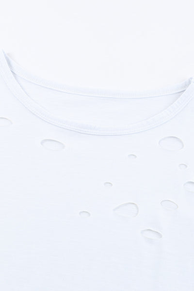 White Holes Crew Neck Cotton Mixed T-shirt