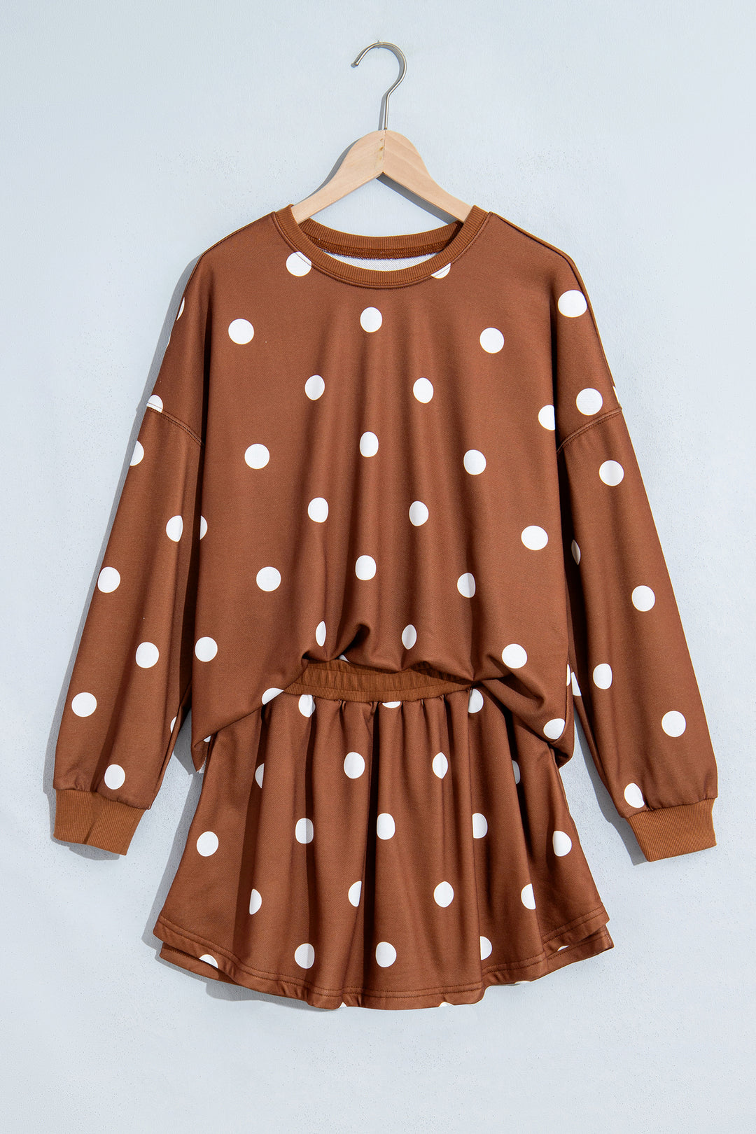 Brown Polka Dot Raw Hem Relaxed Pullover Loose Skort Two Piece Set