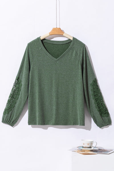 Green Crochet Lace Patch Raglan Sleeve Top