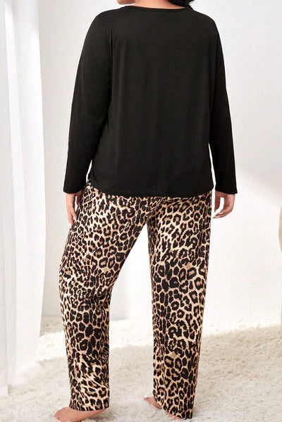 Black Leopard Patched Pocket Long Sleeve Top Plus Size Pants Set