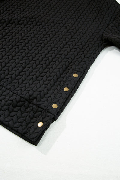 Black Pale Chestnut Side Buttons Cable Textured Sweatshirt