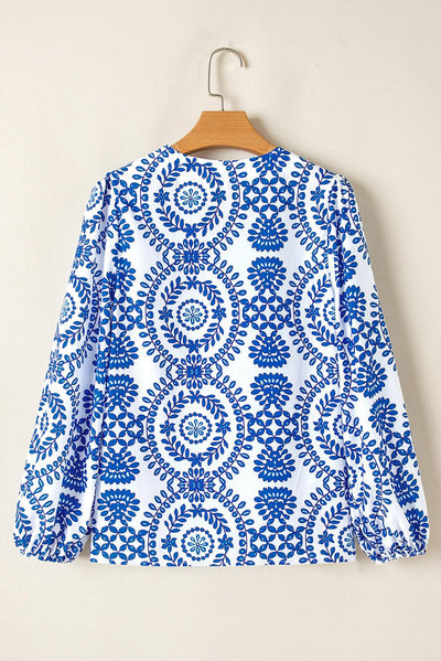 Sky Blue Vintage Geometric Printed Puff Sleeve Slit V Neck Shirt