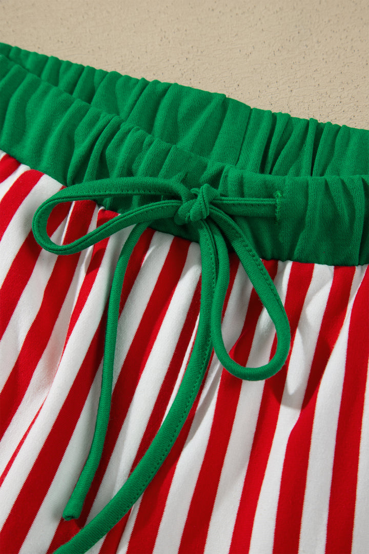 Red Stripe Colorblock Trim Polo Collar Drawstring Elastic Waist Band Casual 2pcs Outfit