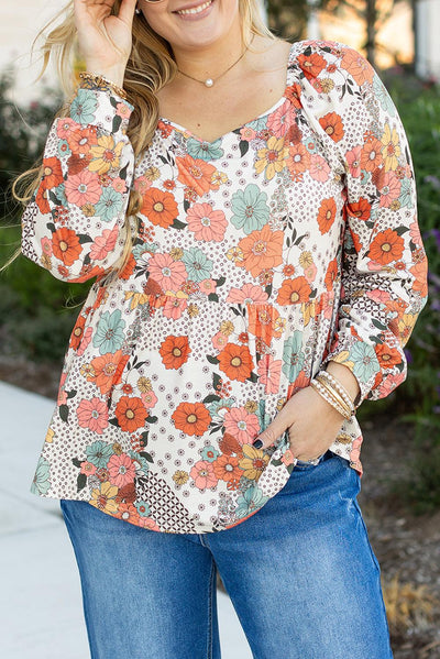 Khaki Plus Size Flower Print Square Neck Peplum Blouse