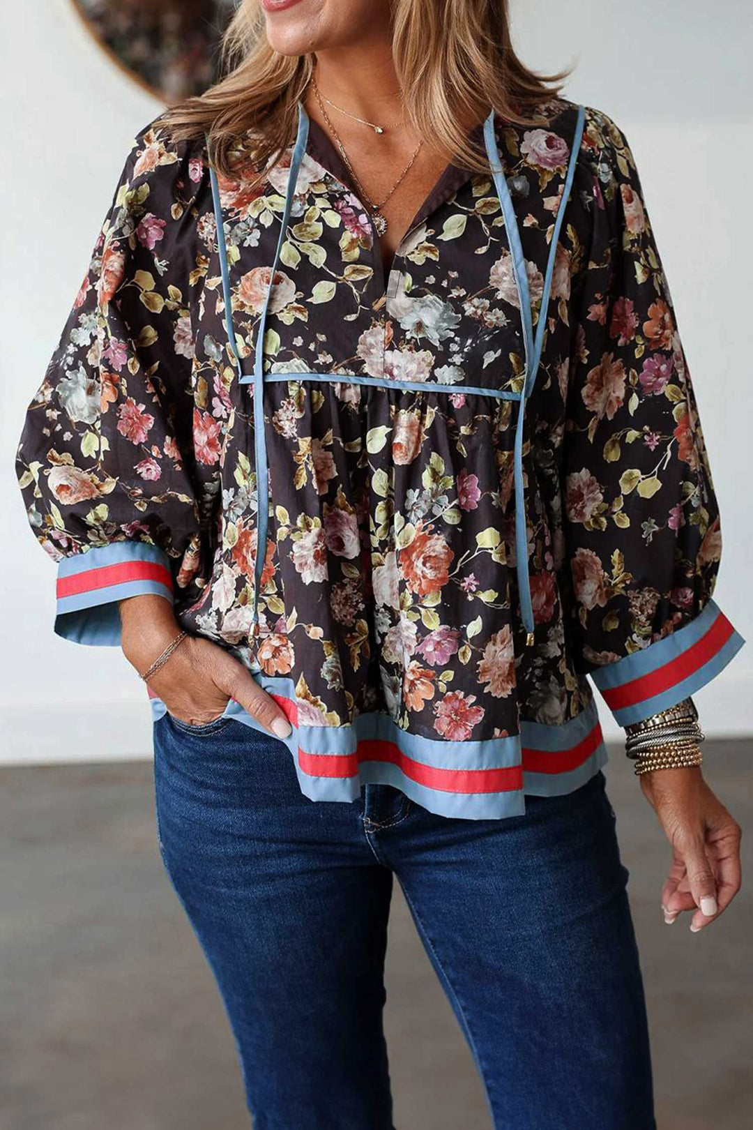 Black Floral Print Contrast Trim Tie V Neck Bracelet Sleeve Blouse